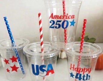 Patriotic Plastic Cups with paper Straws | America 250, Happy 4th of July | Holiday Cups