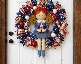 Vintage Doll Round Wreath, Fourth of July Door Decor, Memorial Day