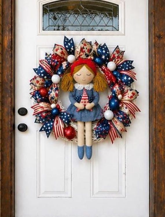 Vintage Doll Round Wreath, Fourth of July Door Decor, Memorial Day
