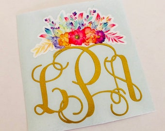 Watercolor Flower Crown monogram decal, Planner monogram, Gifts