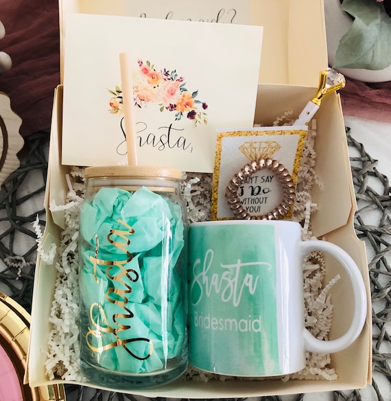 Mint & Gold Bridesmaid Proposal Box: Personalized Iced Tea Glass Set