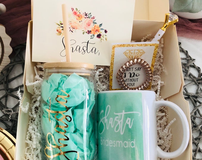 Mint & Gold Bridesmaid Proposal Box: Personalized Iced Tea Glass Set
