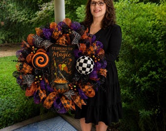 Spooky Halloween Wreath, Orange Purple Black Fall Door Decor, Halloween Tumbler, Mug, Bow