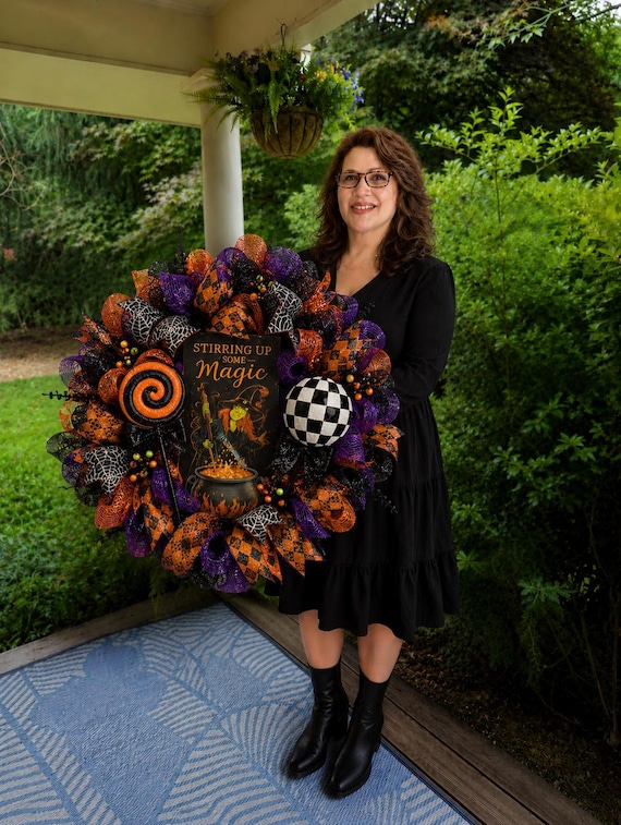 Spooky Halloween Wreath, Orange Purple Black Fall Door Decor, Halloween Tumbler, Mug, Bow