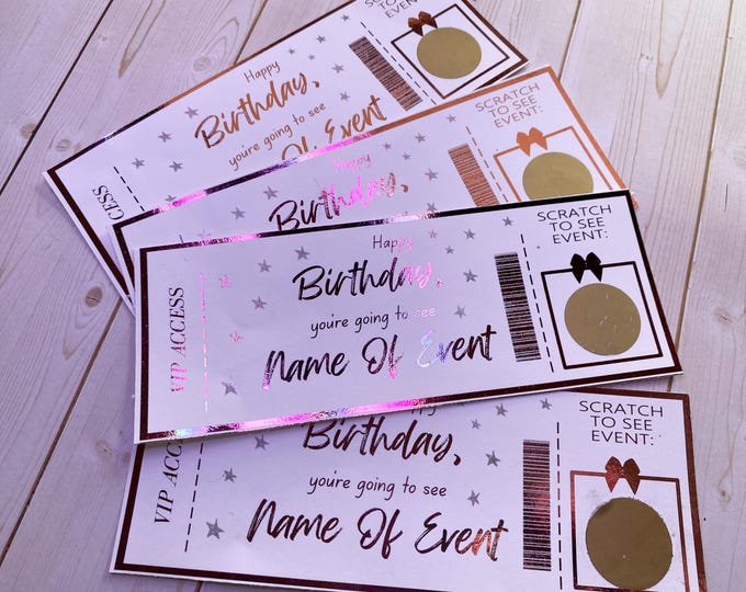 Scratch Off Birthday Tickets | Surprise Event Reveal Gift (Printed)