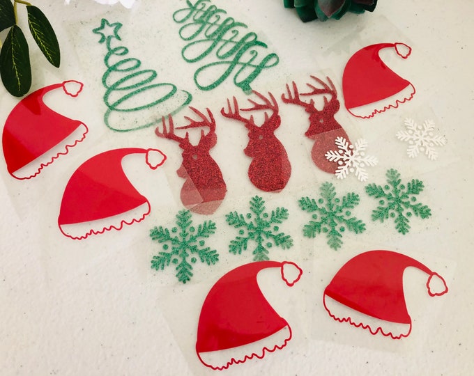 Christmas Iron On Shapes: Trees, Snowflakes, Deer & Santa Hats