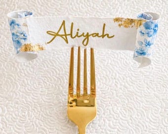 Calligraphy Scroll Place Cards – Blue Toile Ribbon, Gold Leaf Accents