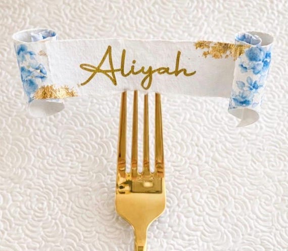 Calligraphy Scroll Place Cards – Blue Toile Ribbon, Gold Leaf Accents