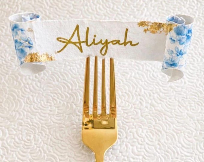 Calligraphy Scroll Place Cards – Blue Toile Ribbon, Gold Leaf Accents