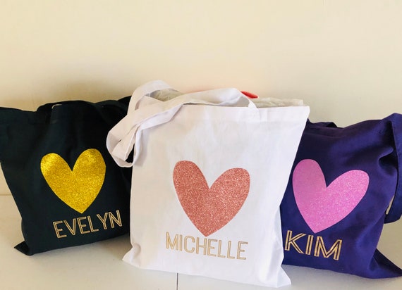 Bridesmaid Tote Bags with Glitter Heart, Bridal Party Gifts, Book Tote Bag