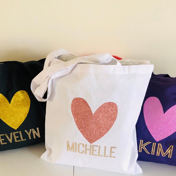 Bridesmaid Tote Bags with Glitter Heart, Bridal Party Gifts, Book Tote Bag