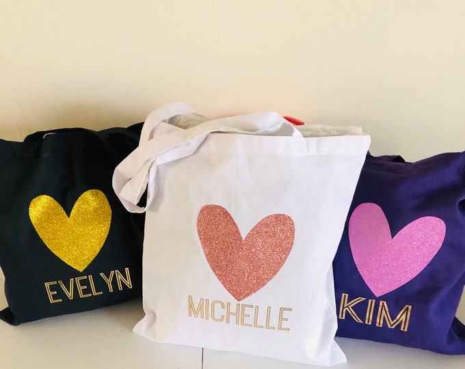 Bridesmaid Tote Bags with Glitter Heart, Bridal Party Gifts, Book Tote Bag