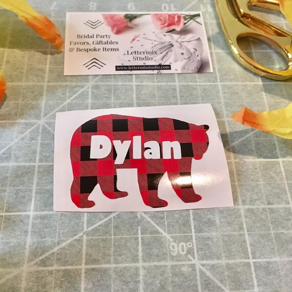 Bear Decal: Buffalo Plaid Pattern (Custom Name or Initials)