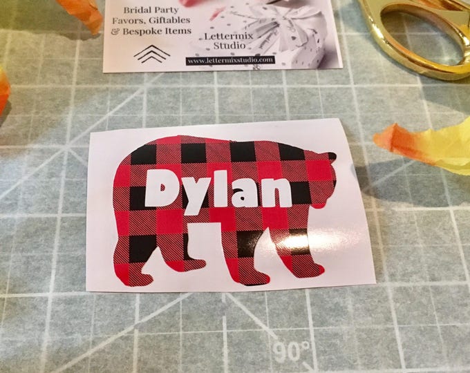 Bear Decal: Buffalo Plaid Pattern (Custom Name or Initials)
