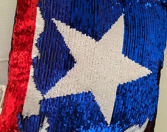 Patriotic Sequin Pillow, Red White Blue Decor, 4th of july Home