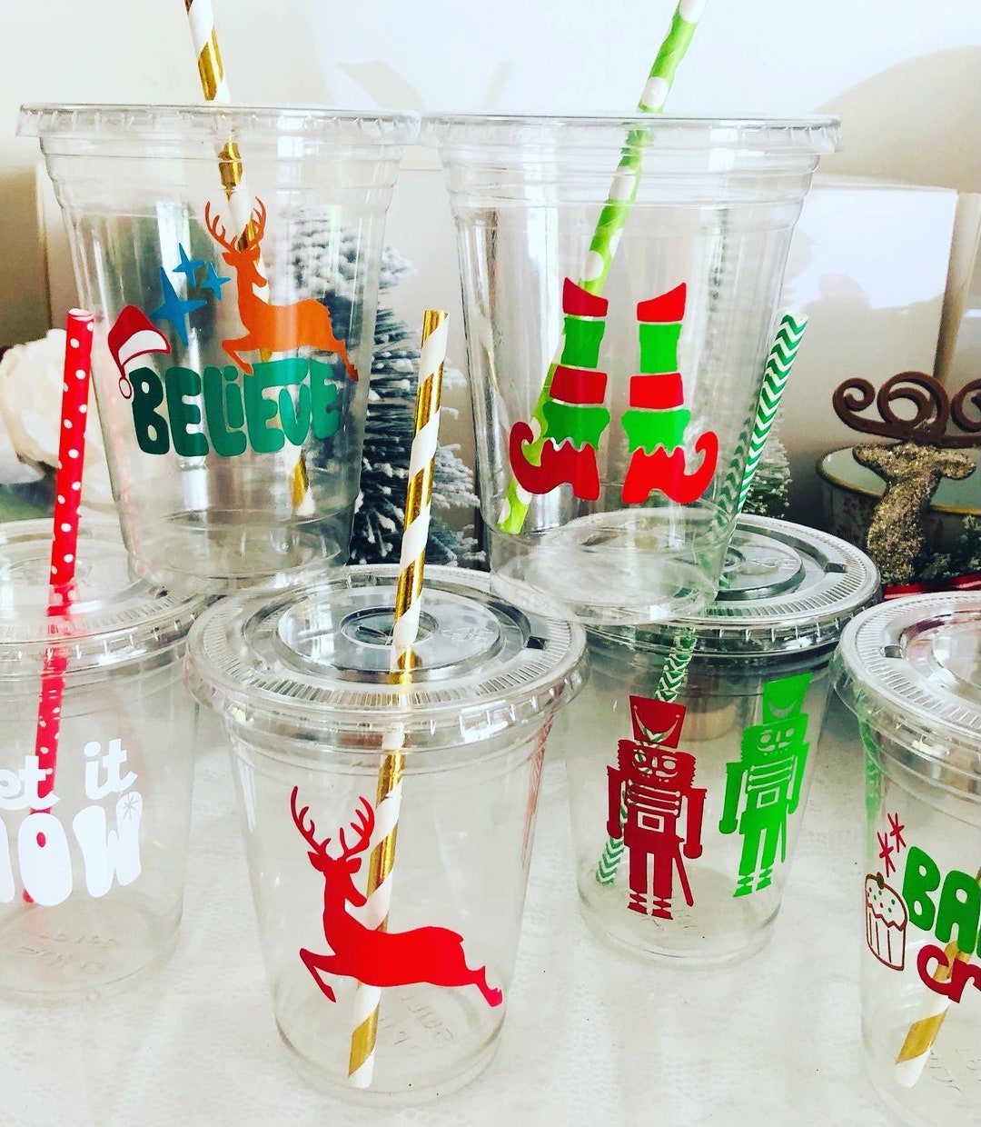 Reindeer Party Cups, Nutcracker, Elf, Set of Christmas Party Cups With