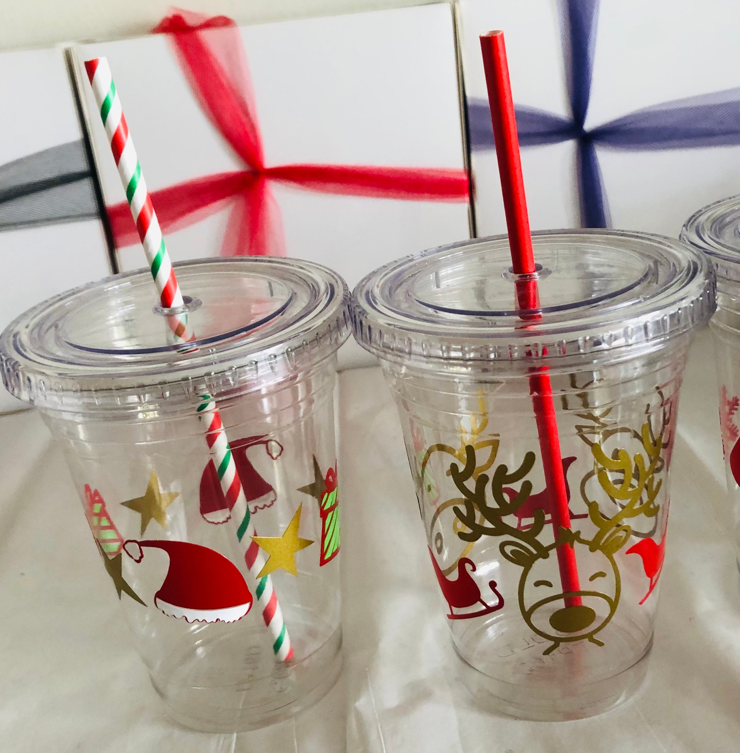 Christmas Party Cups Kids Table Cup Lids/straws Disposable