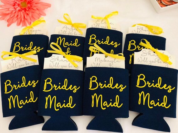 Navy Bridesmaid Proposal Can Holders: Personalized Bachelorette Gifts