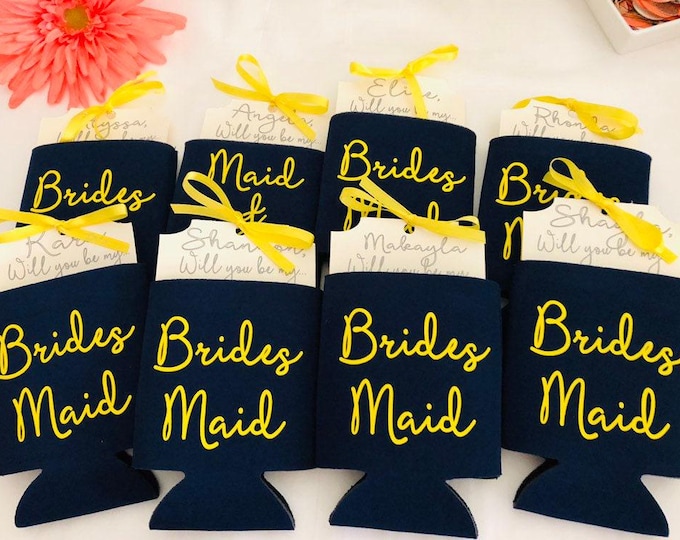 Navy Bridesmaid Proposal Can Holders: Personalized Bachelorette Gifts