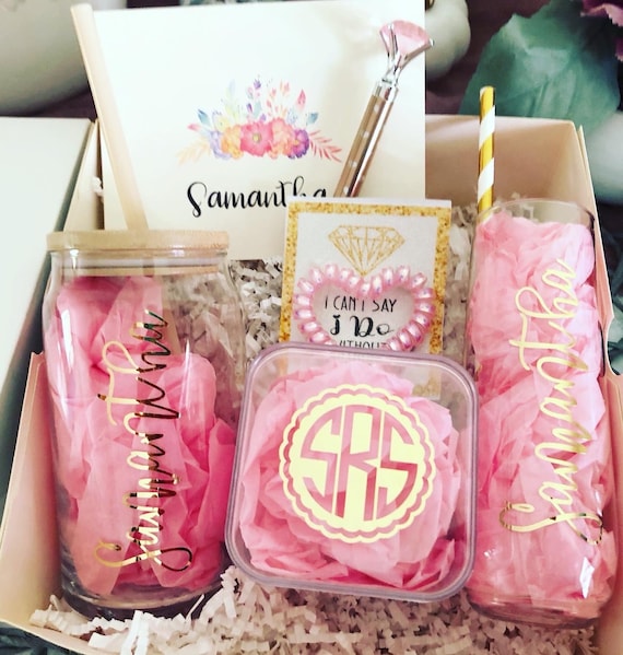 Pink & Gold Bridesmaid Proposal Box: Personalized Iced Tea Glass Gift Set