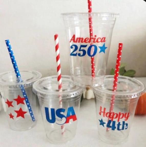 Patriotic Plastic Cups with paper Straws | America 250, Happy 4th of July | BBQ Party Decor