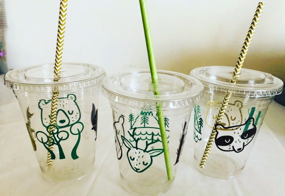 Woodland Party Cups with Straws: 16 oz Recyclable Plastic