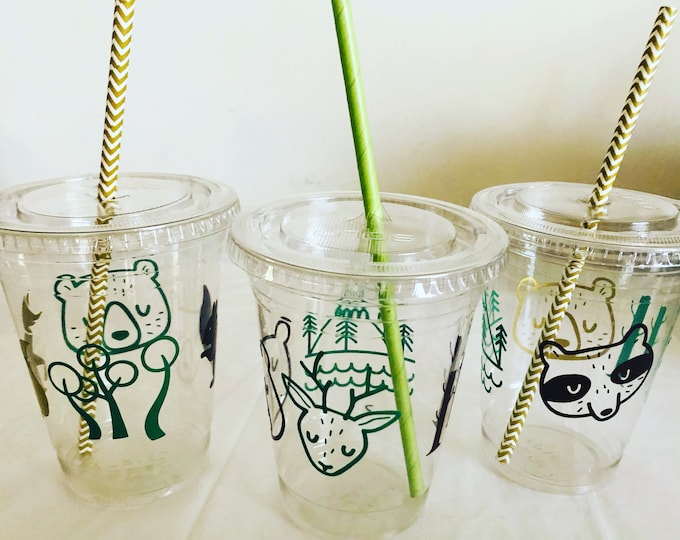 Woodland Party Cups with Straws: 16 oz Recyclable Plastic