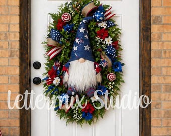 Gnome Swag Wreath, Patriotic Door Decor, Red White Blue Swag, Memorial Day, Summer Front Door