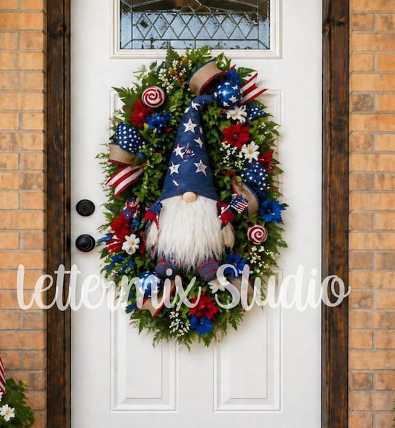 Gnome Swag Wreath, Patriotic Door Decor, Red White Blue Swag, Memorial Day, Summer Front Door