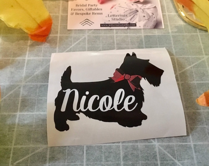 Scottish Terrier Vinyl Decal: Personalized Name with Bow Tie