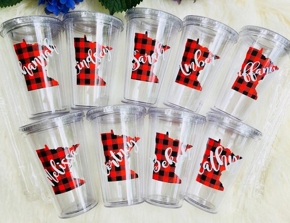 Personalized Bridesmaid Tumblers: Buffalo Plaid State Design