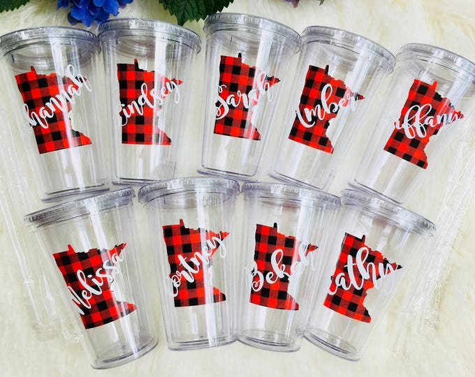 Personalized Bridesmaid Tumblers: Buffalo Plaid State Design