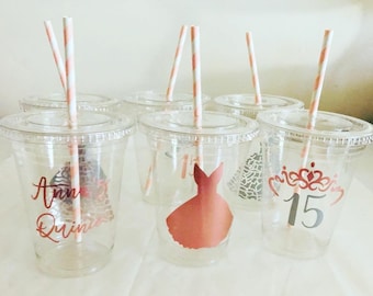 Personalized Quinceanera Party Cups with Straws: Handmade, Recyclable