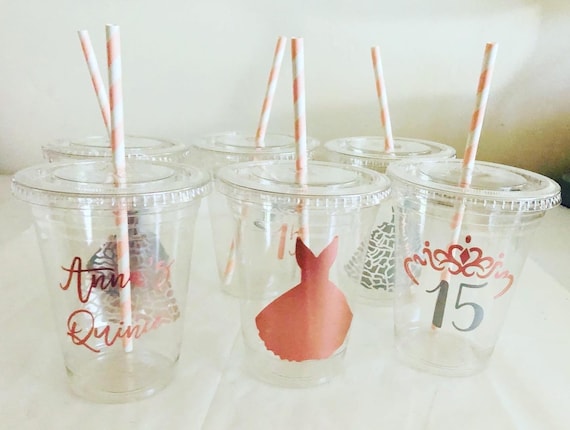 Personalized Quinceanera Party Cups with Straws: Handmade, Recyclable