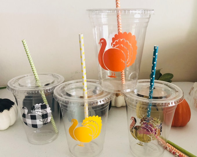 Thanksgiving Turkey Party Cups, Straws & Lids, 16 oz Recyclable Plastic