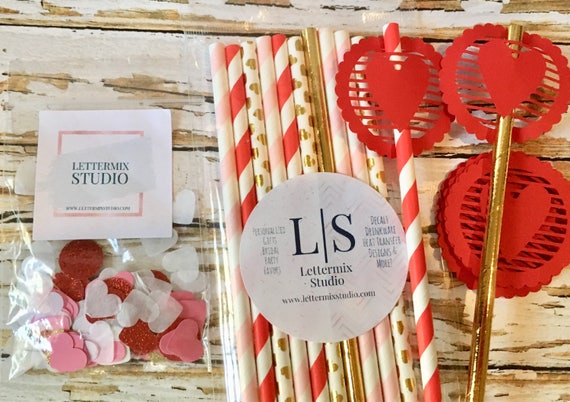 Valentine Party Straws: Red, Gold, Pink with Heart Confetti