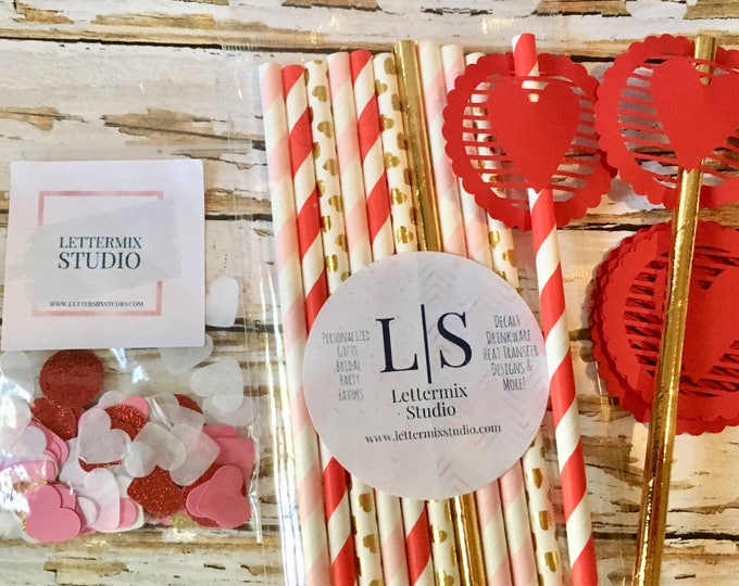 Valentine Party Straws: Red, Gold, Pink with Heart Confetti
