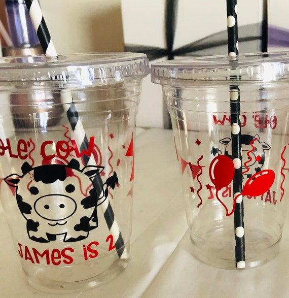 Cow Theme Party Cups: 16 oz Recyclable Plastic with Straws