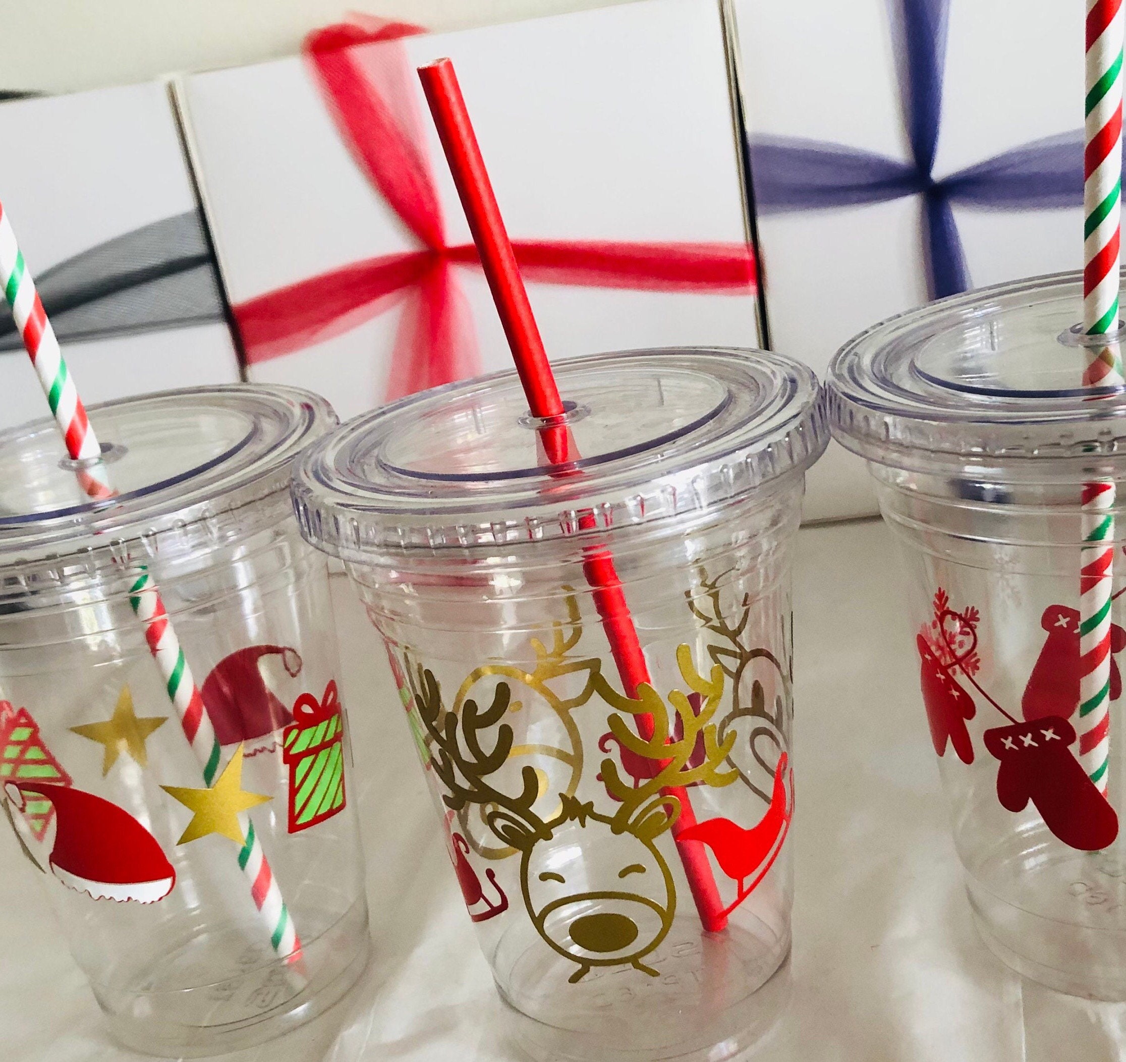 Christmas Party Cups Kids Table Cup Lids/straws Disposable Reindeer Elf  Tree 