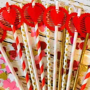Valentine decor, Red, Gold & Pink Paper Straws, Valentine&#39;s Day Party Straws, Straw slides, Cake Pop Stickss