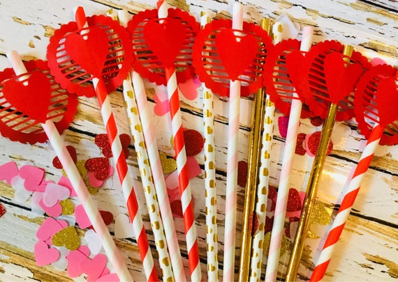 Valentine's Day Paper Straws: Red, Gold & Pink Party Decor
