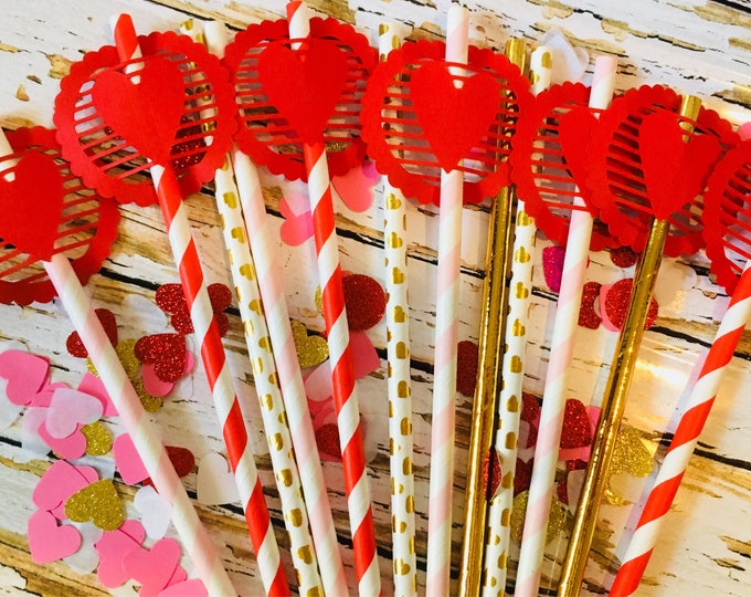 Valentine's Day Paper Straws: Red, Gold & Pink Party Decor