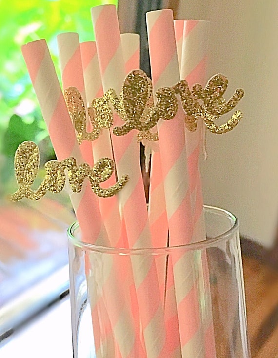 Blush Pink and Gold Biodegradable Paper Straws, Bridal shower decor, Bridesmaid Asks, Gifts