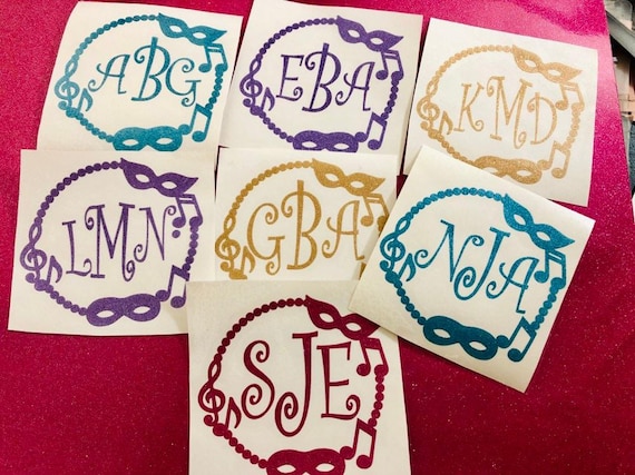 Vinyl Monogram Decal: Mardi Gras Mask and Music Notes - Custom Colors