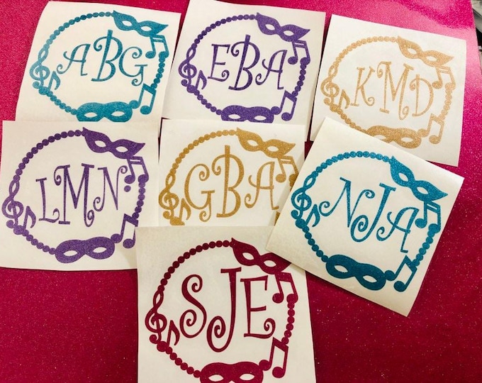 Vinyl Monogram Decal: Mardi Gras Mask and Music Notes - Custom Colors