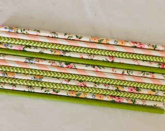 Green and Pink Floral Paper Straws, Garden Party, Biodegradable Straws