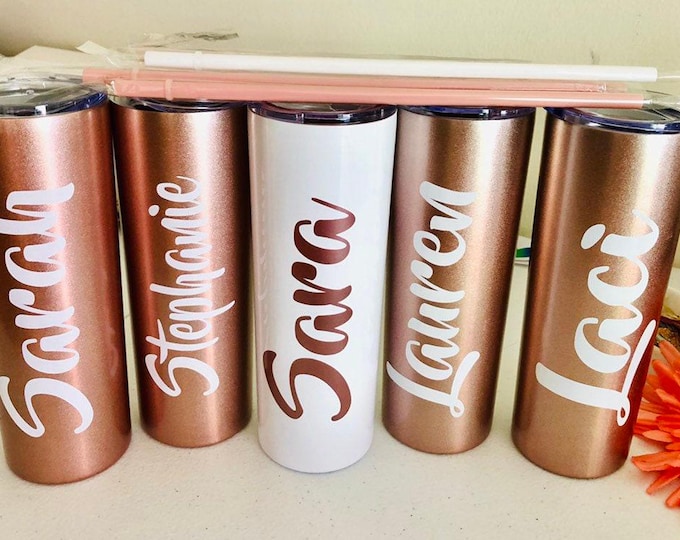 Personalized Rose Gold Tumbler, Stainless Steel Bridesmaid Gift, 20oz