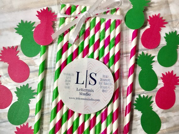 Pink and Green Paper Straws, Pineapple Bachelorette Party Decor
