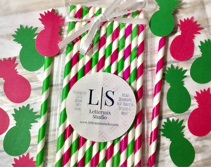 Pink and Green Paper Straws, Pineapple Bachelorette Party Decor