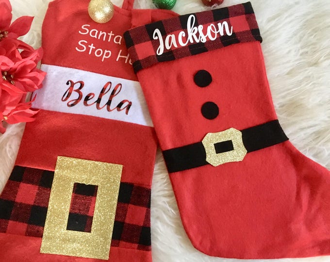 Personalized Christmas Stocking Iron Ons - Glitter, Buffalo Plaid Options
